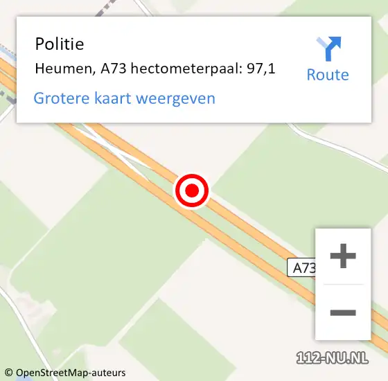 Locatie op kaart van de 112 melding: Politie Heumen, A73 hectometerpaal: 97,1 op 26 januari 2022 07:11