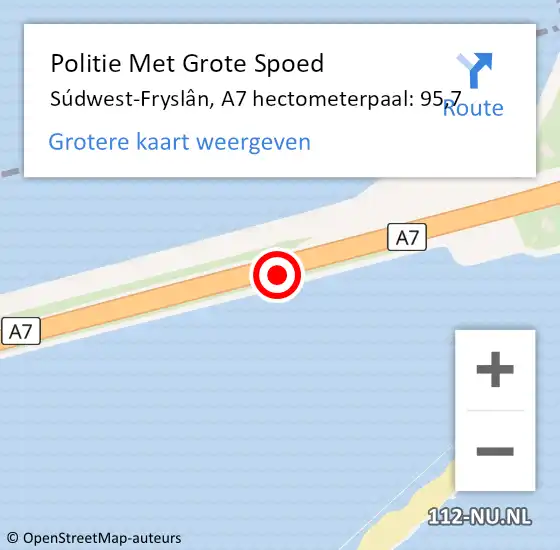Locatie op kaart van de 112 melding: Politie Met Grote Spoed Naar Súdwest-Fryslân, A7 hectometerpaal: 95,7 op 26 januari 2022 07:18