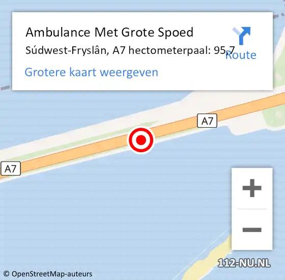 Locatie op kaart van de 112 melding: Ambulance Met Grote Spoed Naar Súdwest-Fryslân, A7 hectometerpaal: 95,7 op 26 januari 2022 07:23