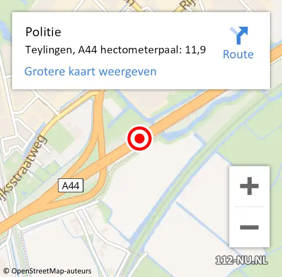 Locatie op kaart van de 112 melding: Politie Teylingen, A44 hectometerpaal: 11,9 op 26 januari 2022 07:52