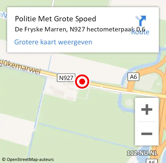 Locatie op kaart van de 112 melding: Politie Met Grote Spoed Naar De Fryske Marren, N927 hectometerpaal: 0,6 op 26 januari 2022 08:04