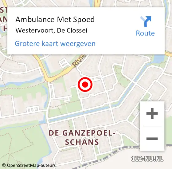 Locatie op kaart van de 112 melding: Ambulance Met Spoed Naar Westervoort, De Clossei op 26 januari 2022 11:46