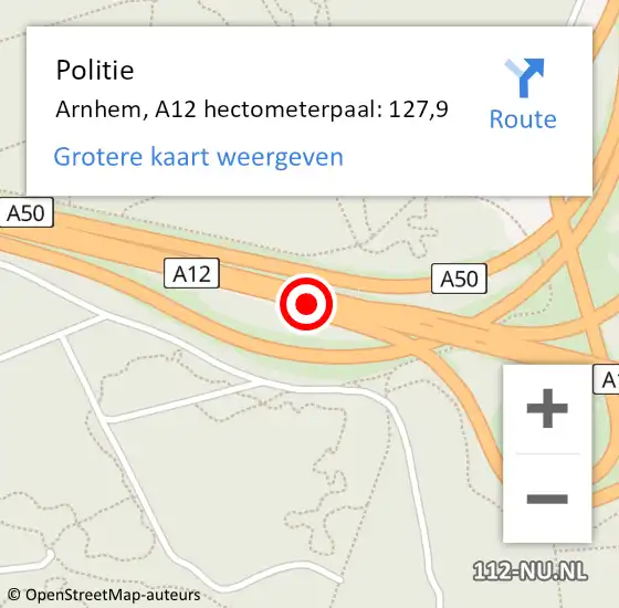 Locatie op kaart van de 112 melding: Politie Arnhem, A12 hectometerpaal: 127,9 op 26 januari 2022 12:19