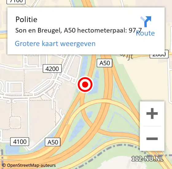 Locatie op kaart van de 112 melding: Politie Son en Breugel, A50 hectometerpaal: 97,7 op 26 januari 2022 14:02