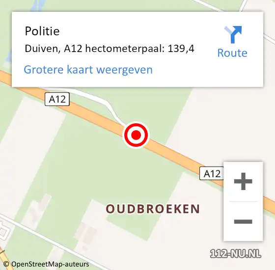 Locatie op kaart van de 112 melding: Politie Duiven, A12 hectometerpaal: 139,4 op 26 januari 2022 15:49