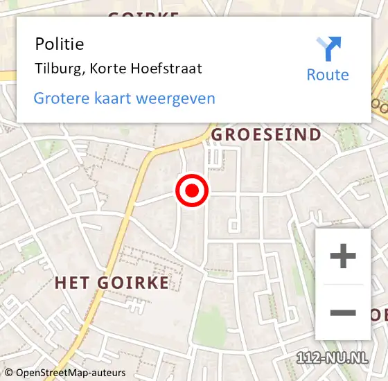 Locatie op kaart van de 112 melding: Politie Tilburg, Korte Hoefstraat op 26 januari 2022 16:18