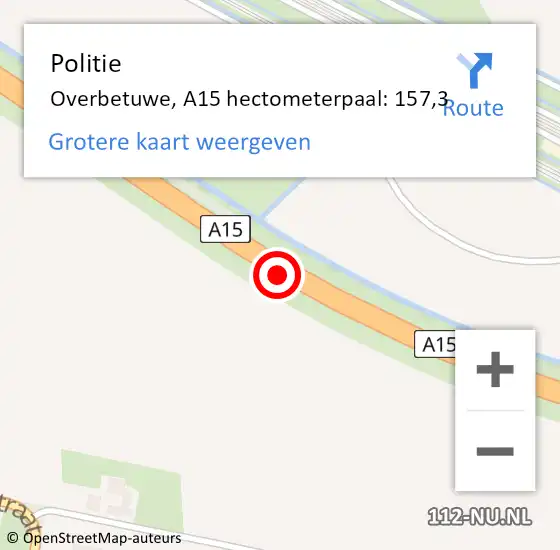 Locatie op kaart van de 112 melding: Politie Overbetuwe, A15 hectometerpaal: 157,3 op 26 januari 2022 16:29