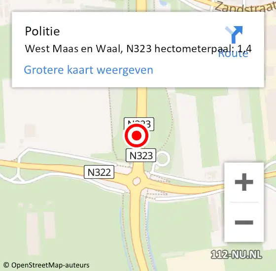 Locatie op kaart van de 112 melding: Politie West Maas en Waal, N323 hectometerpaal: 1,4 op 26 januari 2022 17:33