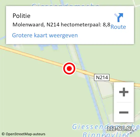 Locatie op kaart van de 112 melding: Politie Molenwaard, N214 hectometerpaal: 8,8 op 26 januari 2022 18:04