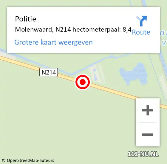 Locatie op kaart van de 112 melding: Politie Molenwaard, N214 hectometerpaal: 8,4 op 26 januari 2022 18:16