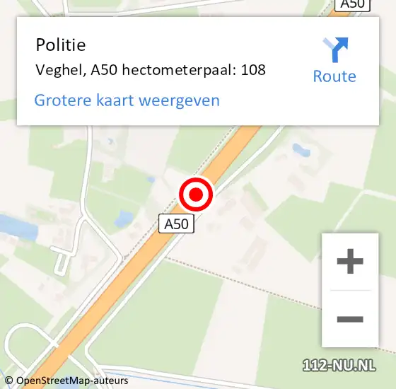 Locatie op kaart van de 112 melding: Politie Veghel, A50 hectometerpaal: 108 op 26 januari 2022 19:03