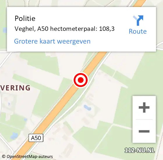 Locatie op kaart van de 112 melding: Politie Veghel, A50 hectometerpaal: 108,3 op 26 januari 2022 19:05