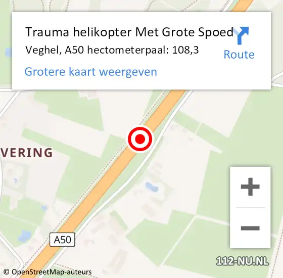 Locatie op kaart van de 112 melding: Trauma helikopter Met Grote Spoed Naar Veghel, A50 hectometerpaal: 108,3 op 26 januari 2022 19:06