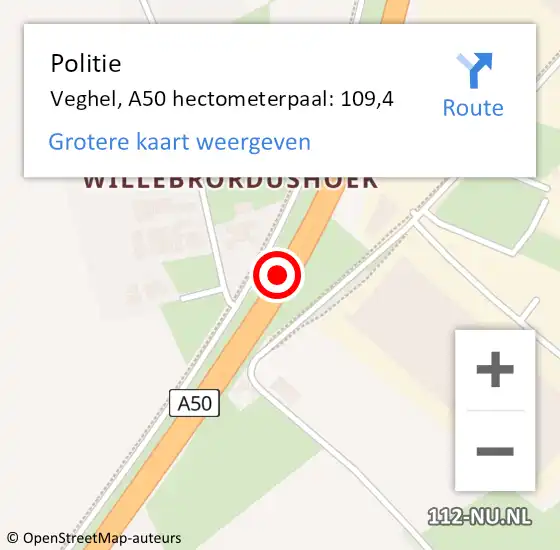 Locatie op kaart van de 112 melding: Politie Veghel, A50 hectometerpaal: 109,4 op 26 januari 2022 19:44