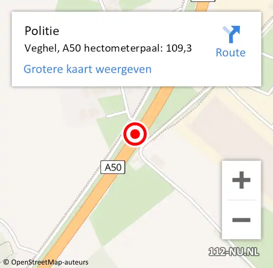 Locatie op kaart van de 112 melding: Politie Veghel, A50 hectometerpaal: 109,3 op 26 januari 2022 19:48