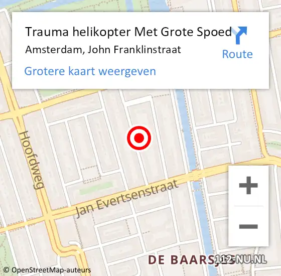 Locatie op kaart van de 112 melding: Trauma helikopter Met Grote Spoed Naar Amsterdam, John Franklinstraat op 26 januari 2022 21:08
