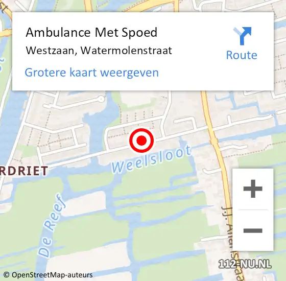 Locatie op kaart van de 112 melding: Ambulance Met Spoed Naar Westzaan, Watermolenstraat op 26 januari 2022 21:15