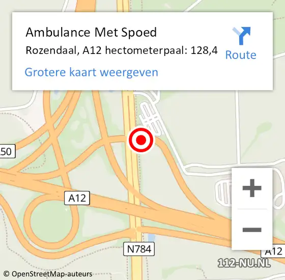 Locatie op kaart van de 112 melding: Ambulance Met Spoed Naar Rozendaal, A12 hectometerpaal: 128,4 op 27 januari 2022 01:22