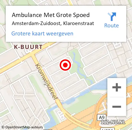 Locatie op kaart van de 112 melding: Ambulance Met Grote Spoed Naar Amsterdam-Zuidoost, Klaroenstraat op 27 januari 2022 03:29