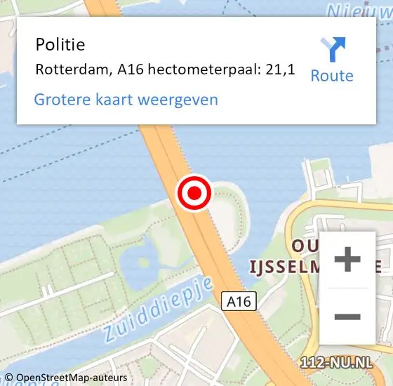 Locatie op kaart van de 112 melding: Politie Rotterdam, A16 hectometerpaal: 21,1 op 27 januari 2022 05:49