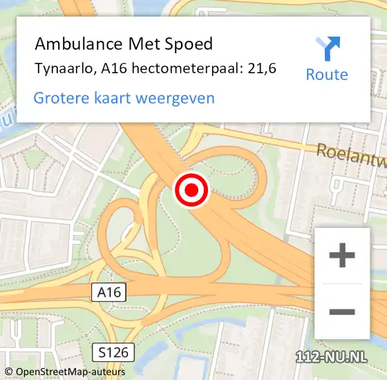 Locatie op kaart van de 112 melding: Ambulance Met Spoed Naar Tynaarlo, A16 hectometerpaal: 21,6 op 27 januari 2022 05:51