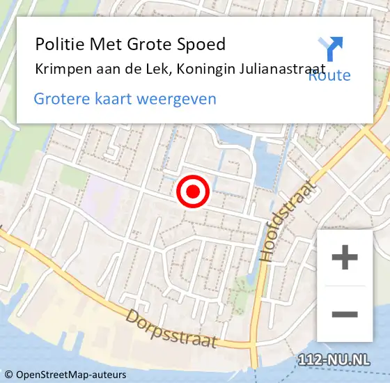 Locatie op kaart van de 112 melding: Politie Met Grote Spoed Naar Krimpen aan de Lek, Koningin Julianastraat op 27 januari 2022 07:19