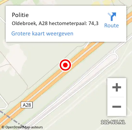 Locatie op kaart van de 112 melding: Politie Oldebroek, A28 hectometerpaal: 74,3 op 27 januari 2022 08:08