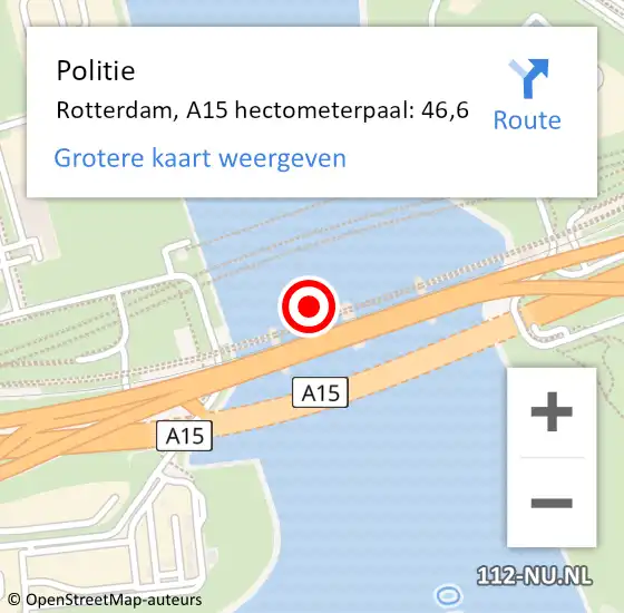 Locatie op kaart van de 112 melding: Politie Rotterdam, A15 hectometerpaal: 46,6 op 27 januari 2022 08:54
