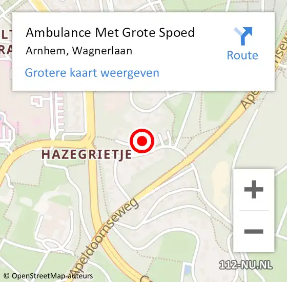 Locatie op kaart van de 112 melding: Ambulance Met Grote Spoed Naar Arnhem, Wagnerlaan op 27 januari 2022 10:32