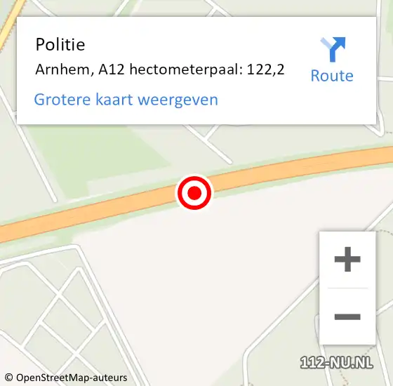 Locatie op kaart van de 112 melding: Politie Arnhem, A12 hectometerpaal: 122,2 op 27 januari 2022 10:43