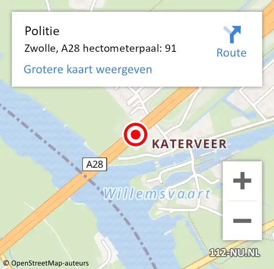 Locatie op kaart van de 112 melding: Politie Zwolle, A28 hectometerpaal: 91 op 27 januari 2022 12:38
