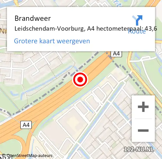Locatie op kaart van de 112 melding: Brandweer Leidschendam-Voorburg, A4 hectometerpaal: 43,6 op 27 januari 2022 13:31