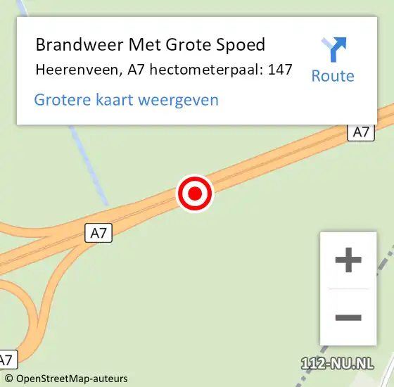 Locatie op kaart van de 112 melding: Brandweer Met Grote Spoed Naar Heerenveen, A7 hectometerpaal: 147 op 27 januari 2022 13:57