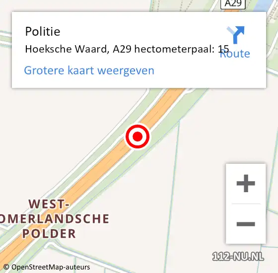 Locatie op kaart van de 112 melding: Politie Binnenmaas, A29 hectometerpaal: 15 op 27 januari 2022 14:08