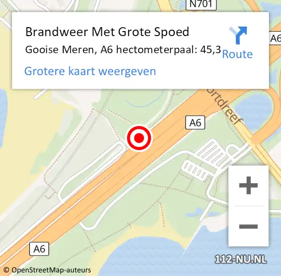 Locatie op kaart van de 112 melding: Brandweer Met Grote Spoed Naar Gooise Meren, A6 hectometerpaal: 45,3 op 27 januari 2022 14:34