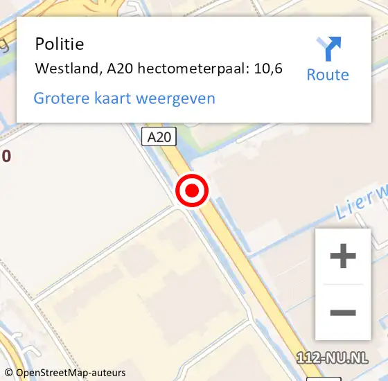 Locatie op kaart van de 112 melding: Politie Westland, A20 hectometerpaal: 10,6 op 27 januari 2022 14:37