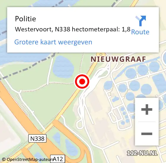 Locatie op kaart van de 112 melding: Politie Westervoort, N338 hectometerpaal: 1,8 op 27 januari 2022 15:27