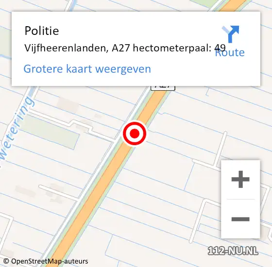 Locatie op kaart van de 112 melding: Politie Vijfheerenlanden, A27 hectometerpaal: 49 op 27 januari 2022 16:08