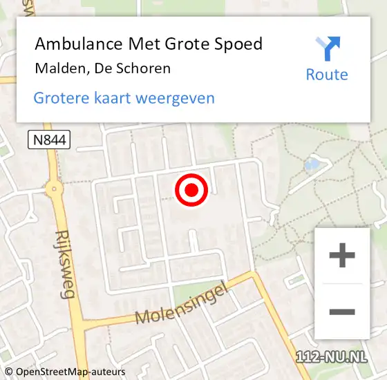 Locatie op kaart van de 112 melding: Ambulance Met Grote Spoed Naar Malden, De Schoren op 27 januari 2022 16:38