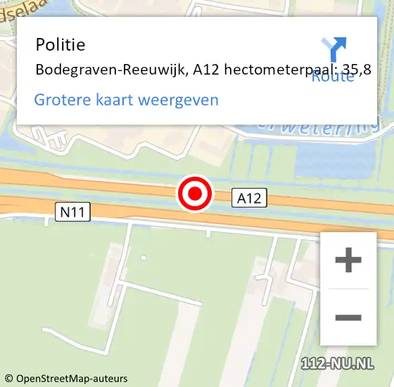 Locatie op kaart van de 112 melding: Politie Bodegraven-Reeuwijk, A12 hectometerpaal: 35,8 op 27 januari 2022 18:00