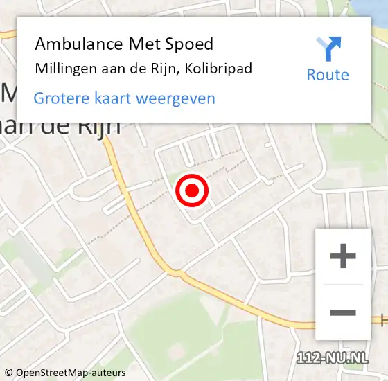 Locatie op kaart van de 112 melding: Ambulance Met Spoed Naar Millingen aan de Rijn, Kolibripad op 27 januari 2022 21:02