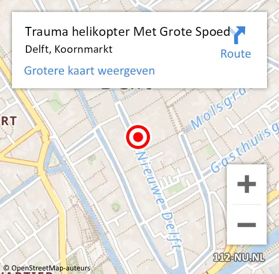 Locatie op kaart van de 112 melding: Trauma helikopter Met Grote Spoed Naar Delft, Koornmarkt op 27 januari 2022 23:06