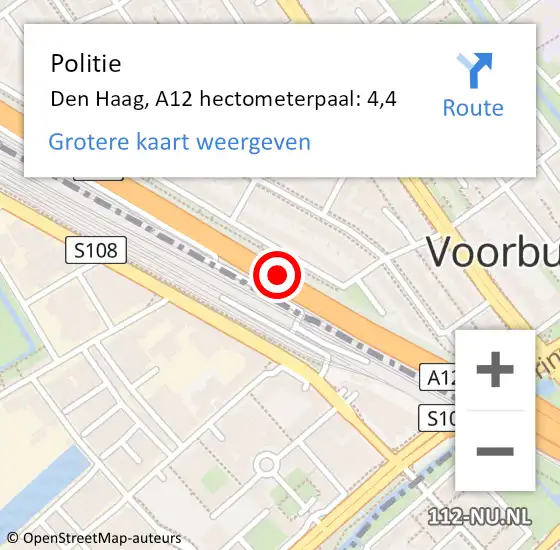 Locatie op kaart van de 112 melding: Politie Den Haag, A12 hectometerpaal: 4,4 op 28 januari 2022 11:49