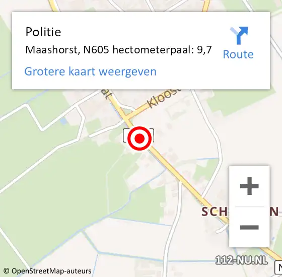 Locatie op kaart van de 112 melding: Politie Maashorst, N605 hectometerpaal: 9,7 op 28 januari 2022 14:42