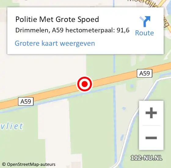 Locatie op kaart van de 112 melding: Politie Met Grote Spoed Naar Drimmelen, A59 hectometerpaal: 91,6 op 28 januari 2022 15:00