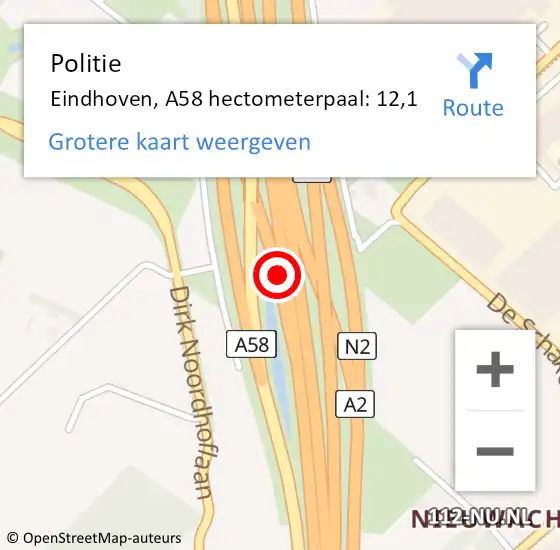 Locatie op kaart van de 112 melding: Politie Eindhoven, A58 hectometerpaal: 12,1 op 28 januari 2022 16:01