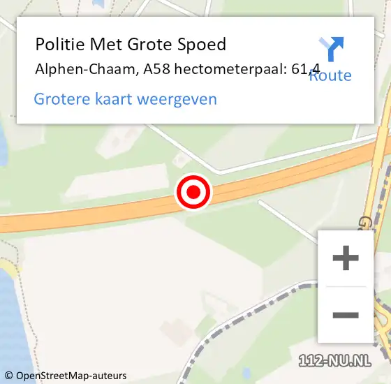 Locatie op kaart van de 112 melding: Politie Met Grote Spoed Naar Alphen-Chaam, A58 hectometerpaal: 61,4 op 28 januari 2022 16:18