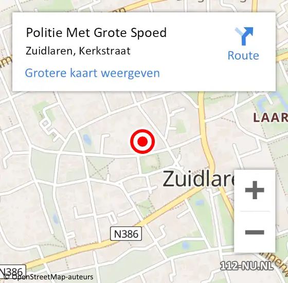 Locatie op kaart van de 112 melding: Politie Met Grote Spoed Naar Zuidlaren, Kerkstraat op 28 januari 2022 17:38