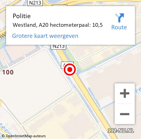 Locatie op kaart van de 112 melding: Politie Westland, A20 hectometerpaal: 10,5 op 28 januari 2022 20:00