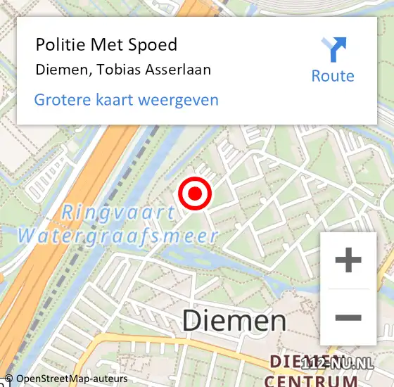 Locatie op kaart van de 112 melding: Politie Met Spoed Naar Diemen, Tobias Asserlaan op 28 januari 2022 21:57